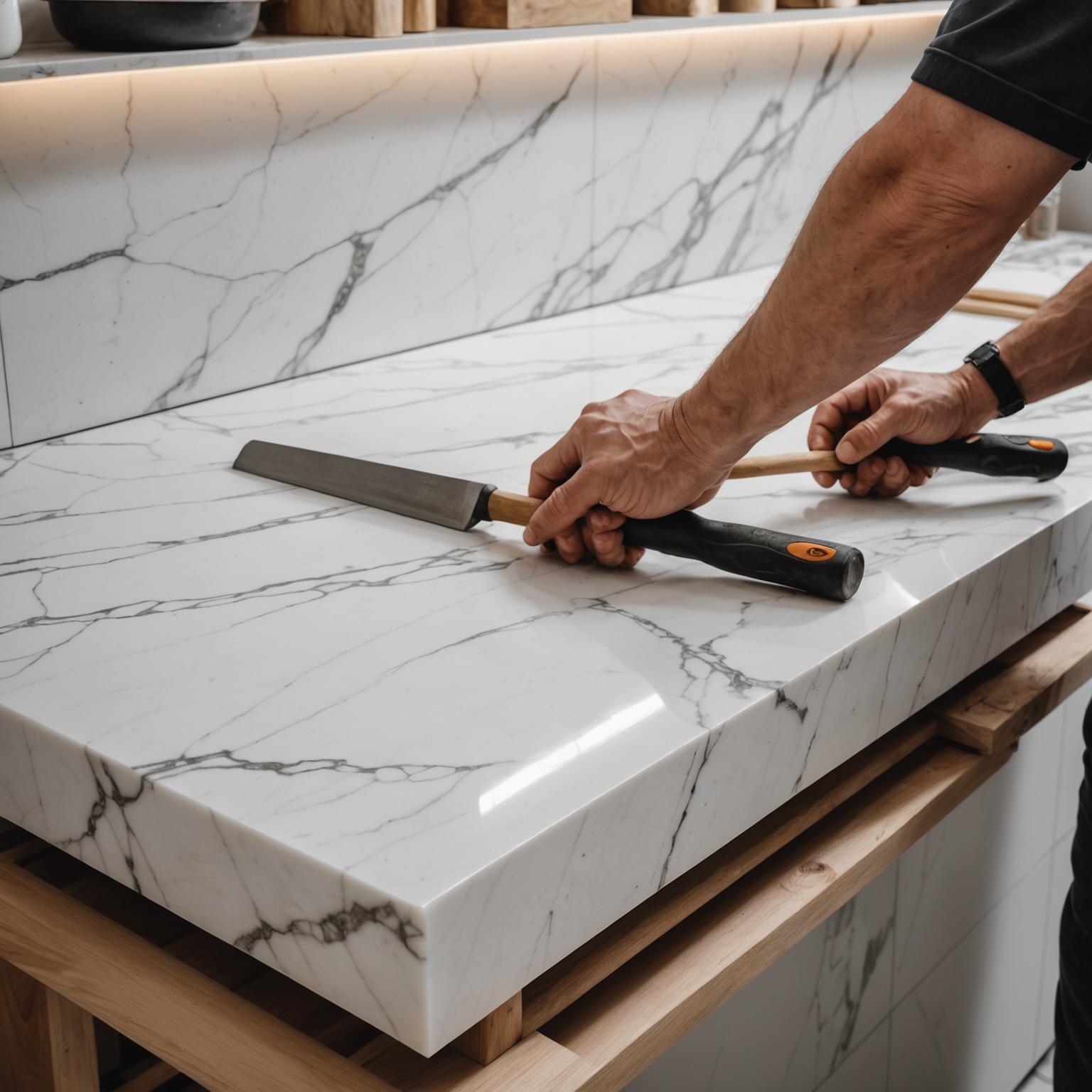 Marble slab being fitted on a kitchen wall